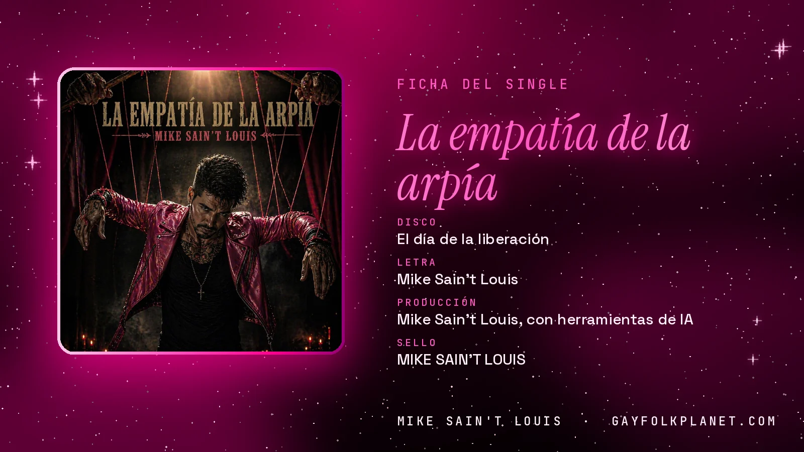 Ficha de la canción «La empatía de la arpía» con su carátula: disco «El día de la liberación», letra y producción de Mike Sain't Louis