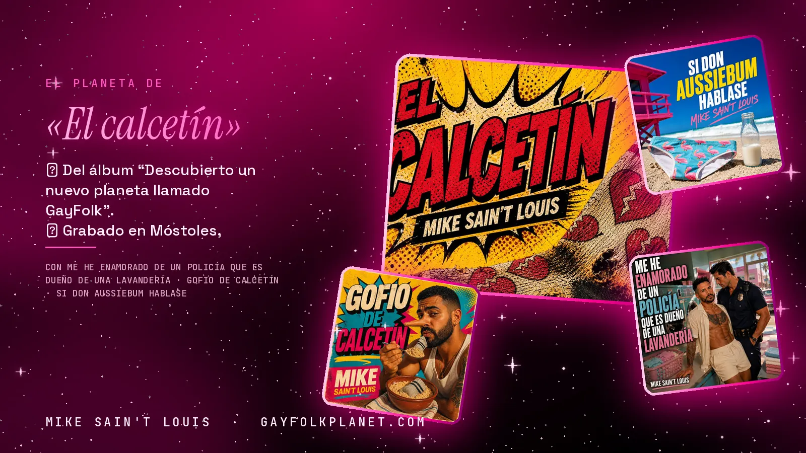 Collage con un detalle de la carátula de «El calcetín» y las carátulas de «Me he enamorado de un policía que es dueño de una lavandería», «Gofio de calcetín», «Si Don Aussiebum hablase»