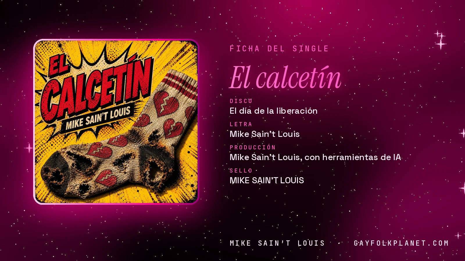 Ficha de la canción «El calcetín» con su carátula: disco «El día de la liberación», letra y producción de Mike Sain't Louis