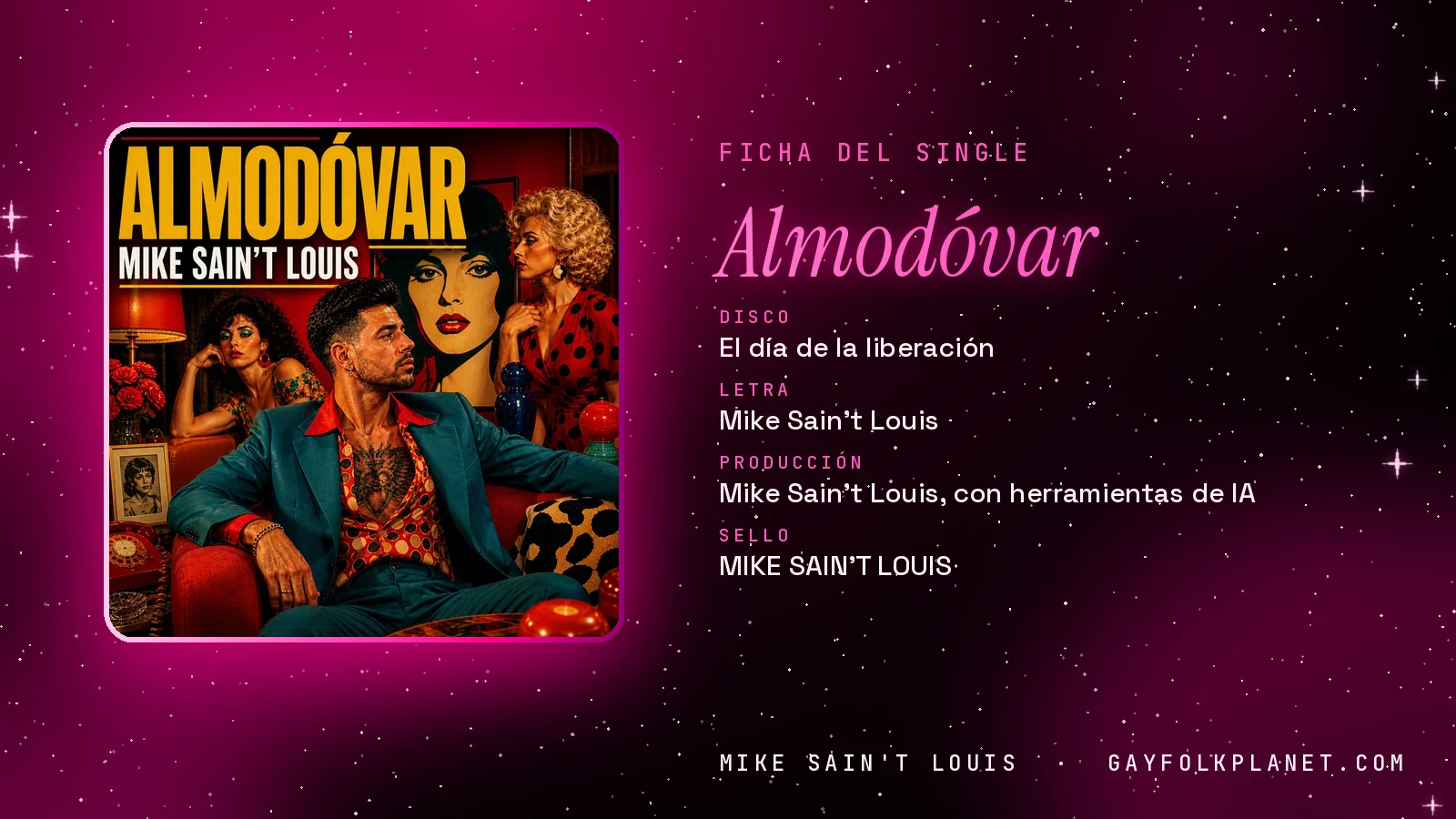 Ficha de la canción «Almodóvar» con su carátula: disco «El día de la liberación», letra y producción de Mike Sain't Louis