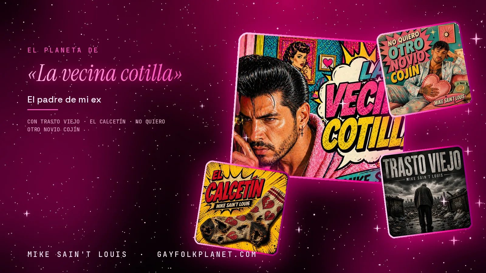 Collage con un detalle de la carátula de «La vecina cotilla» y las carátulas de «Trasto viejo», «El calcetín», «No quiero otro novio cojín»