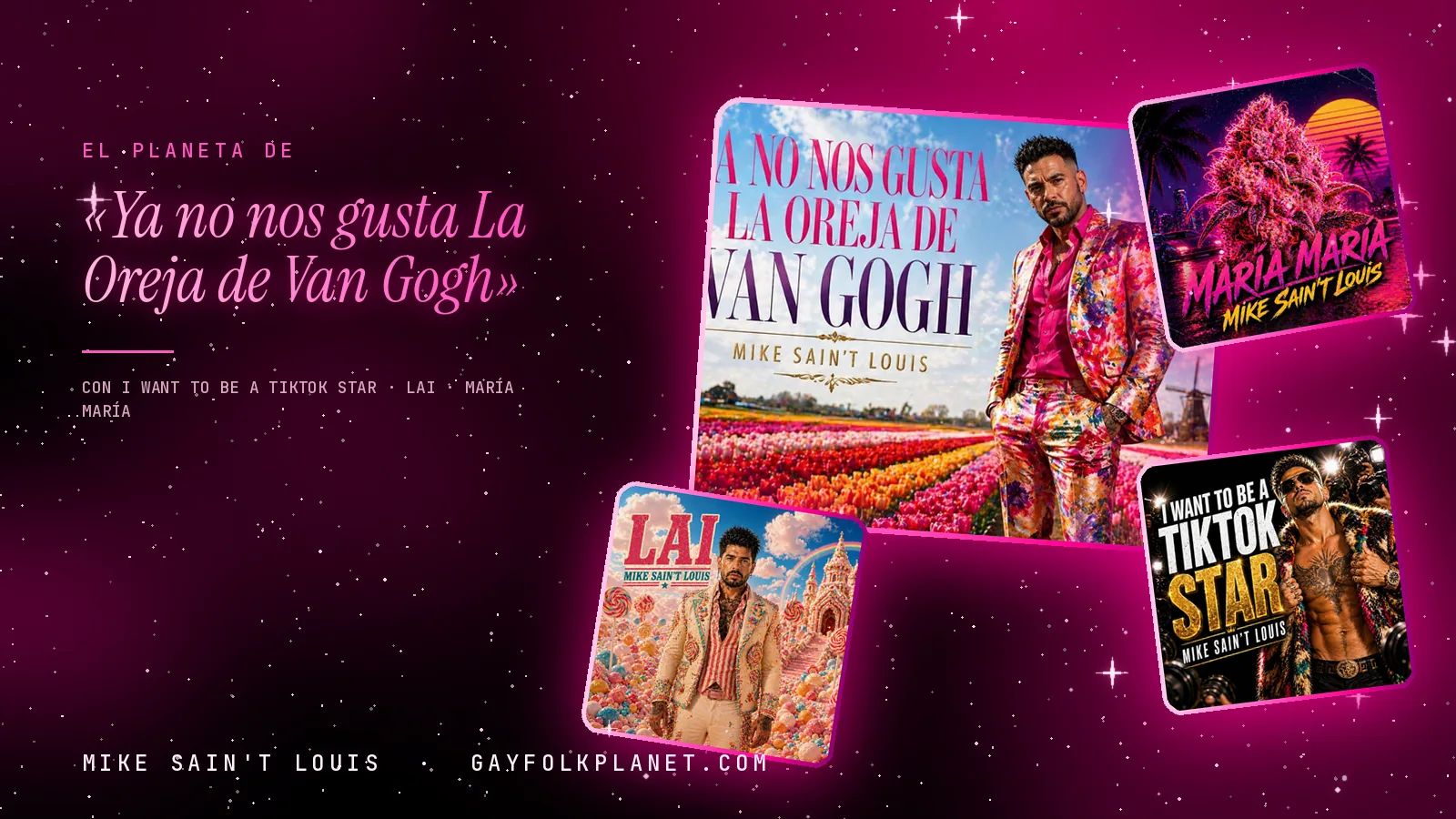 Collage con un detalle de la carátula de «Ya no nos gusta La Oreja de Van Gogh» y las carátulas de «I Want to Be a Tiktok Star», «Lai», «María María»