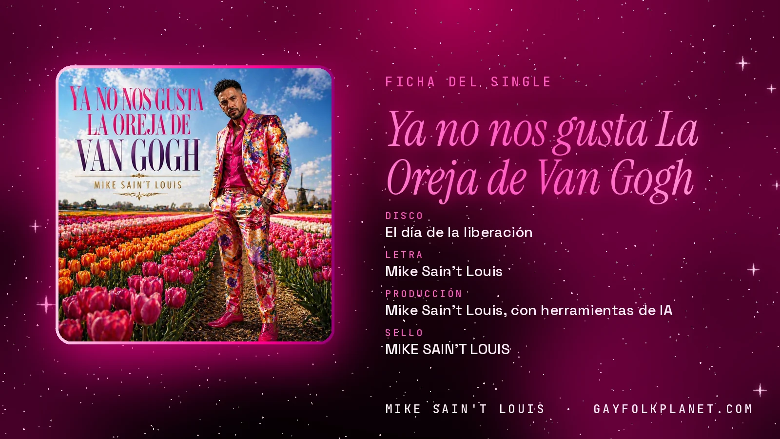 Ficha de la canción «Ya no nos gusta La Oreja de Van Gogh» con su carátula: disco «El día de la liberación», letra y producción de Mike Sain't Louis