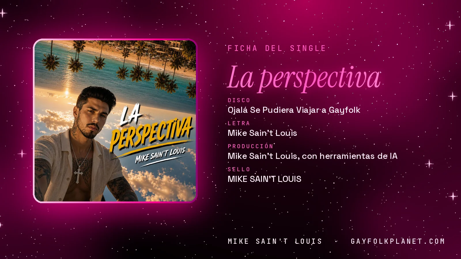 Ficha de la canción «La perspectiva» con su carátula: disco «Ojalá Se Pudiera Viajar a Gayfolk», letra y producción de Mike Sain't Louis
