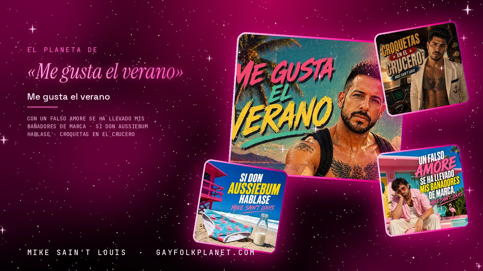 Collage con un detalle de la carátula de «Me gusta el verano» y las carátulas de «Un falso amore se ha llevado mis bañadores de marca», «Si Don AussieBum hablase», «Croquetas en el crucero»