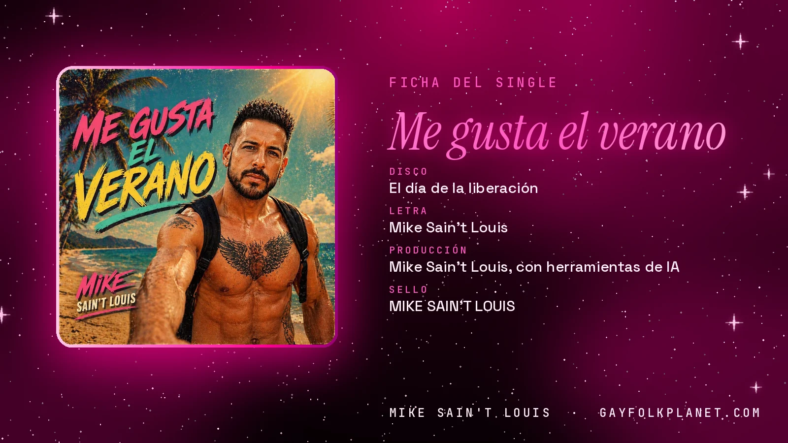 Ficha de la canción «Me gusta el verano» con su carátula: disco «El día de la liberación», letra y producción de Mike Sain't Louis