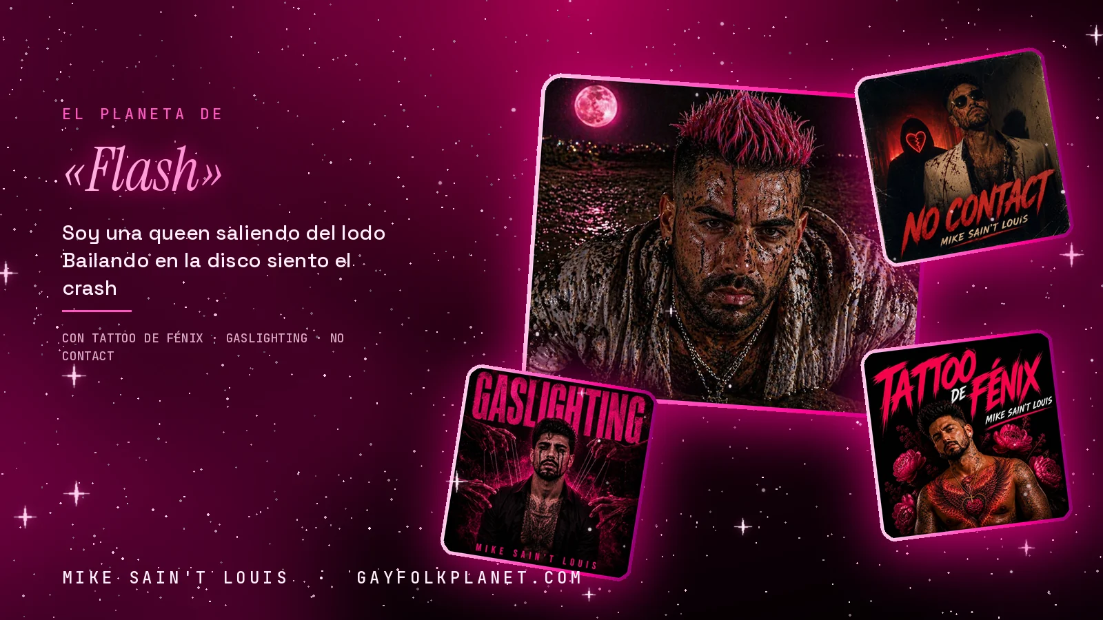 Collage con un detalle de la carátula de «Flash» y las carátulas de «Tattoo de fénix», «Gaslighting», «No Contact»