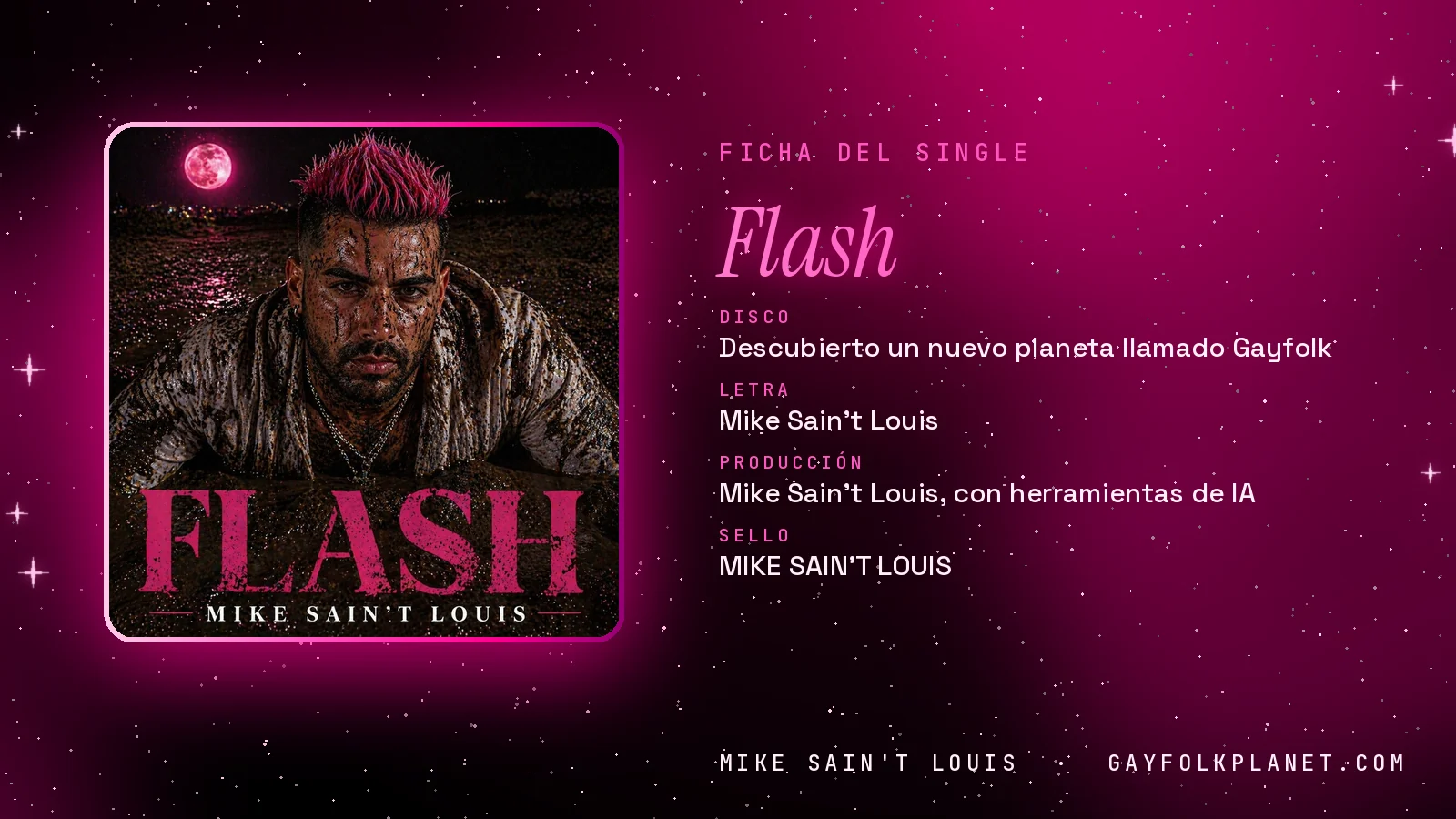 Ficha de la canción «Flash» con su carátula: disco «Descubierto un nuevo planeta llamado Gayfolk», letra y producción de Mike Sain't Louis