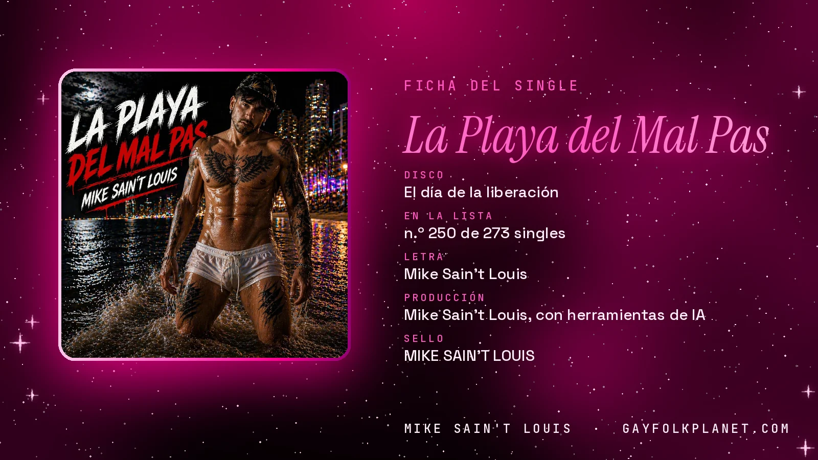 Ficha de la canción «La Playa del Mal Pas» con su carátula: disco «El día de la liberación», letra y producción de Mike Sain't Louis