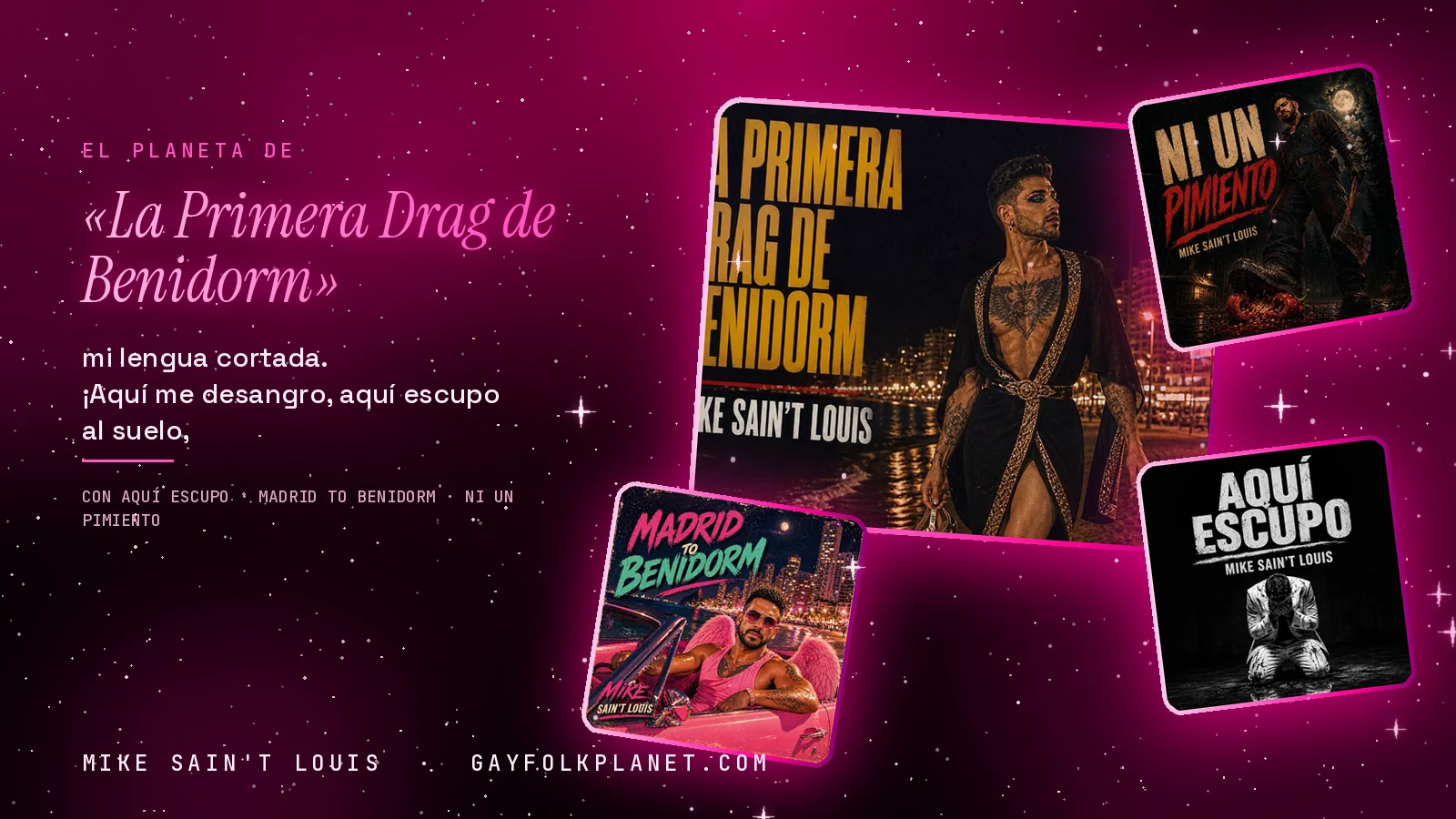 Collage con un detalle de la carátula de «La Primera Drag de Benidorm» y las carátulas de «Aquí escupo», «Madrid to Benidorm», «Ni un pimiento»