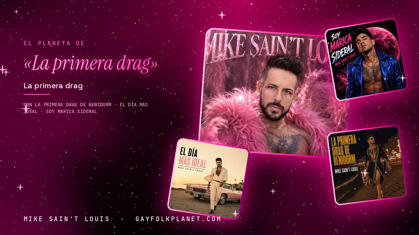 Collage con un detalle de la carátula de «La primera drag» y las carátulas de «La primera drag de Benidorm», «El día más ideal», «Soy marica sideral»