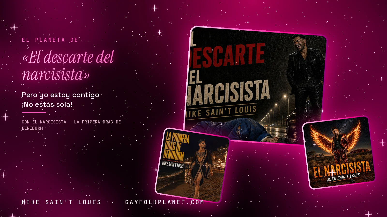 Collage con un detalle de la carátula de «El descarte del narcisista» y las carátulas de «El narcisista», «La Primera Drag de Benidorm»