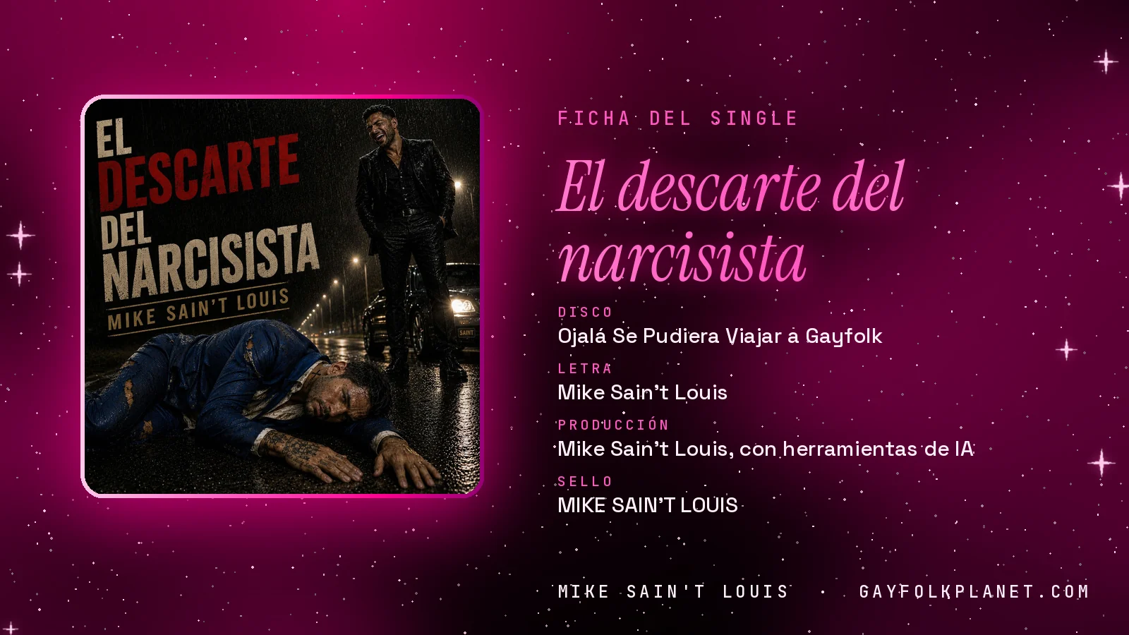 Ficha de la canción «El descarte del narcisista» con su carátula: disco «Ojalá Se Pudiera Viajar a Gayfolk», letra y producción de Mike Sain't Louis