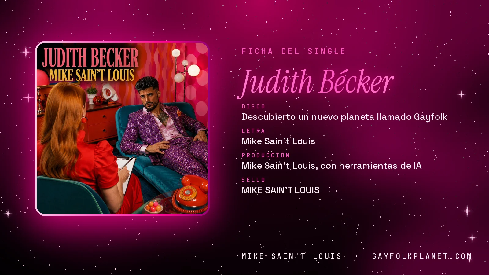 Ficha de la canción «Judith Bécker» con su carátula: disco «Descubierto un nuevo planeta llamado Gayfolk», letra y producción de Mike Sain't Louis