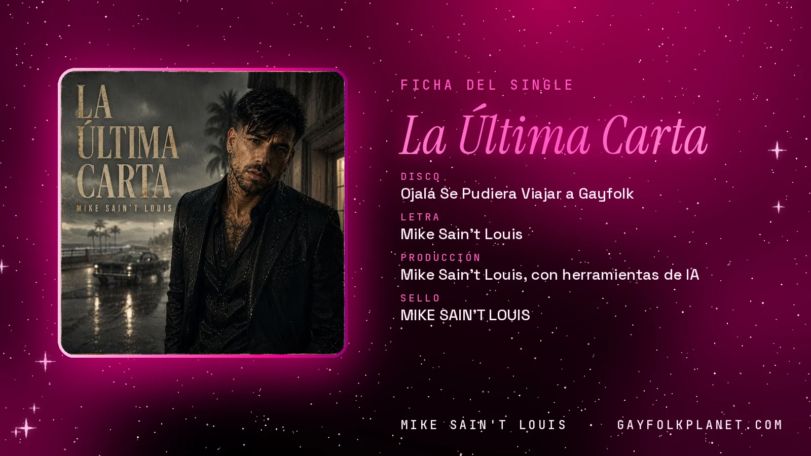 Ficha de la canción «La Última Carta» con su carátula: disco «Ojalá Se Pudiera Viajar a Gayfolk», letra y producción de Mike Sain't Louis
