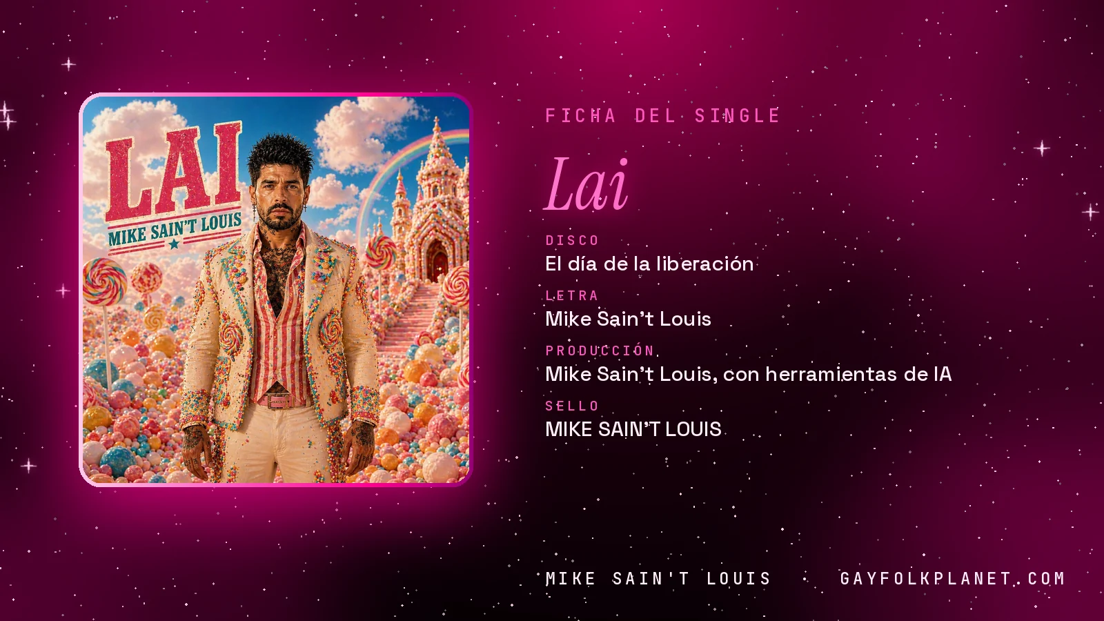 Ficha de la canción «Lai» con su carátula: disco «El día de la liberación», letra y producción de Mike Sain't Louis