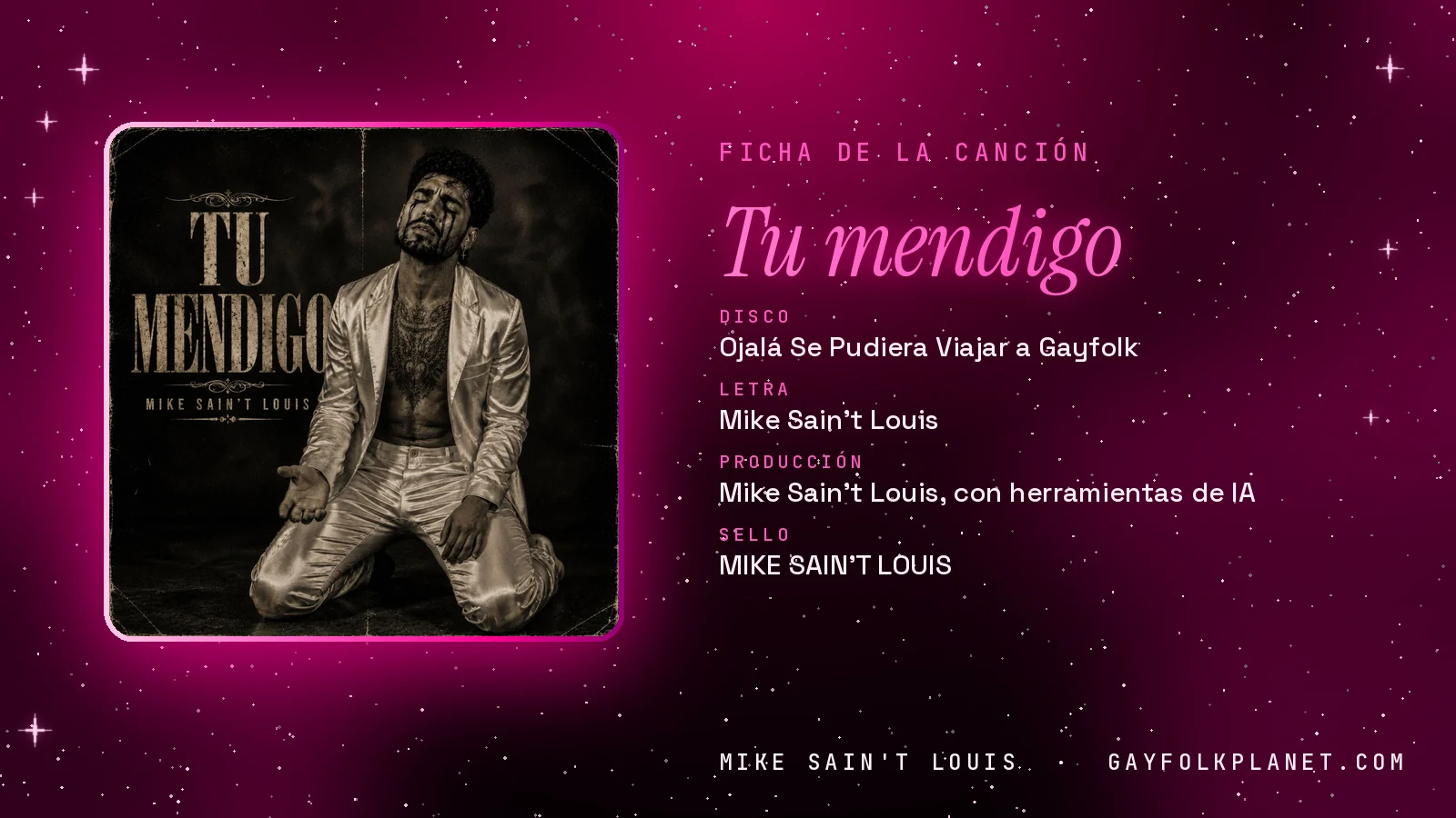 Ficha de «Tu mendigo» con su carátula: disco «Ojalá se pudiera viajar a Gayfolk», letra y producción de Mike Sain't Louis