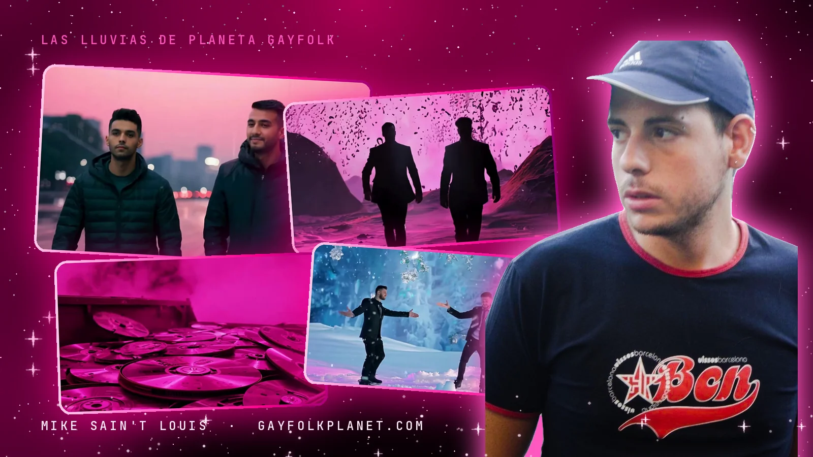 Collage con cuatro fotogramas (dos amigos con plumífero en una carretera mojada bajo la lluvia rosa, dos hombres de traje de espaldas bajo una lluvia de pétalos oscuros y una montaña de discos rosas en «El segundo exacto», y dos chicos con los brazos abiertos en la nieve en «Spoiler») y una foto real de Mike con camiseta de «Bcn»