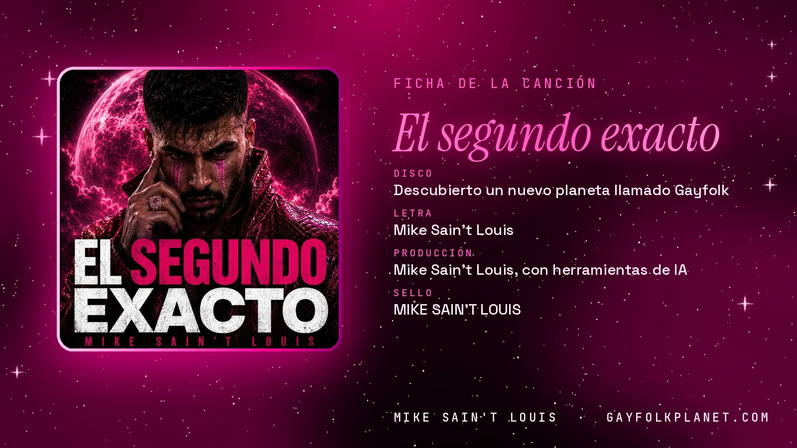 Ficha de «El segundo exacto» con su carátula: disco «Descubierto un nuevo planeta llamado Gayfolk», letra y producción de Mike Sain't Louis