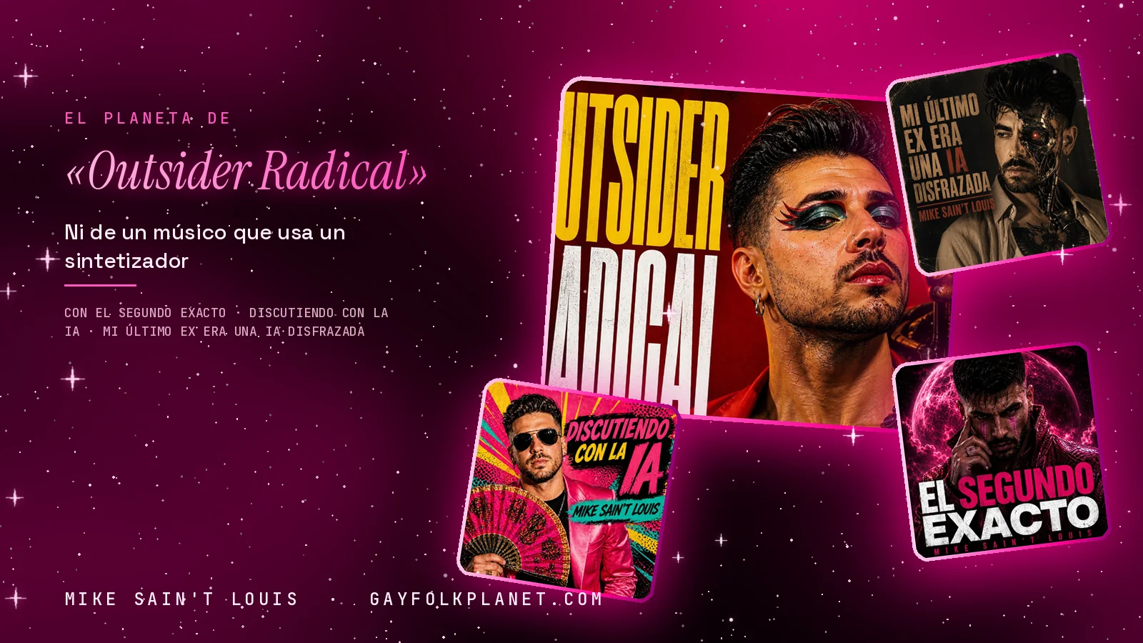 Collage con un detalle de la carátula de «Outsider Radical» y las carátulas de «El segundo exacto», «Discutiendo con la IA», «Mi último ex era una IA disfrazada»