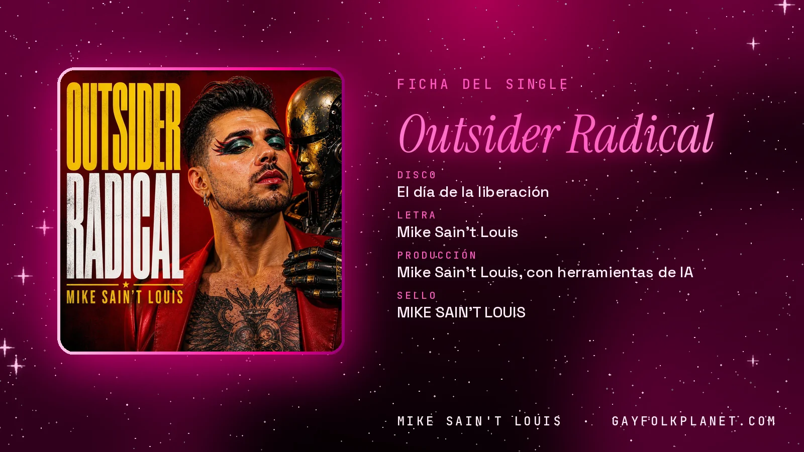 Ficha de la canción «Outsider Radical» con su carátula: disco «El día de la liberación», letra y producción de Mike Sain't Louis