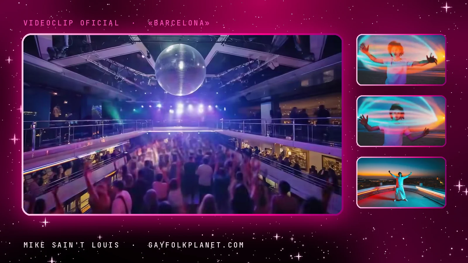Fotogramas del videoclip de «Barcelona»: en grande, una bola de espejos colgada sobre una nave con balcones llena de gente que baila bajo focos morados; al lado, una figura de pelo rojizo que gira con cintas de luz azul y naranja junto al mar, y una mujer con vestido claro y los brazos abiertos en una azotea al atardecer