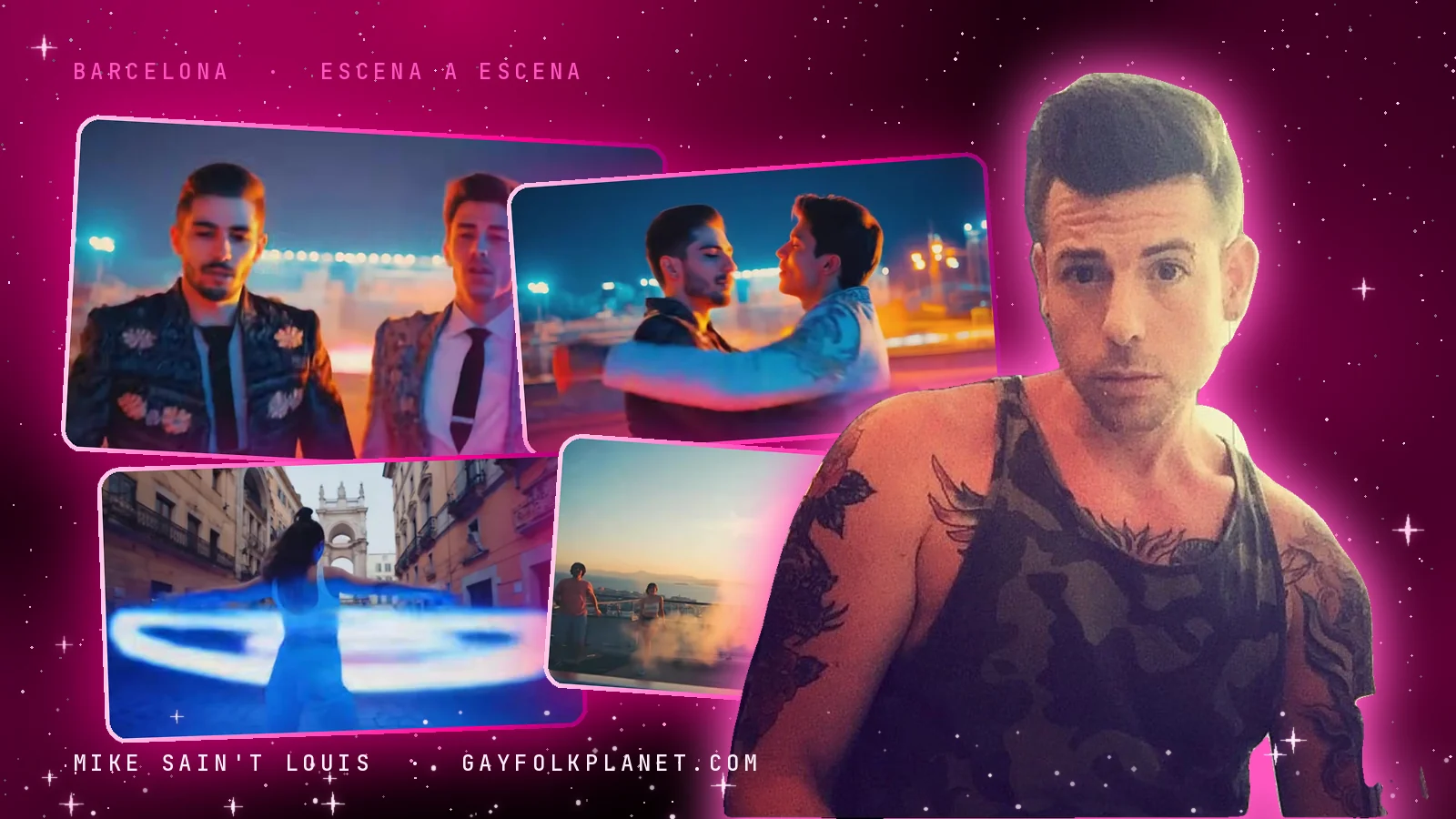 Collage con cuatro fotogramas de «Barcelona» (dos chicos con chaquetas bordadas en una calle de noche, los mismos dos abrazados entre luces, una bailarina que gira con un anillo de luz en una calle antigua y un paseo junto al mar al amanecer) y una foto real de Mike con camiseta de tirantes