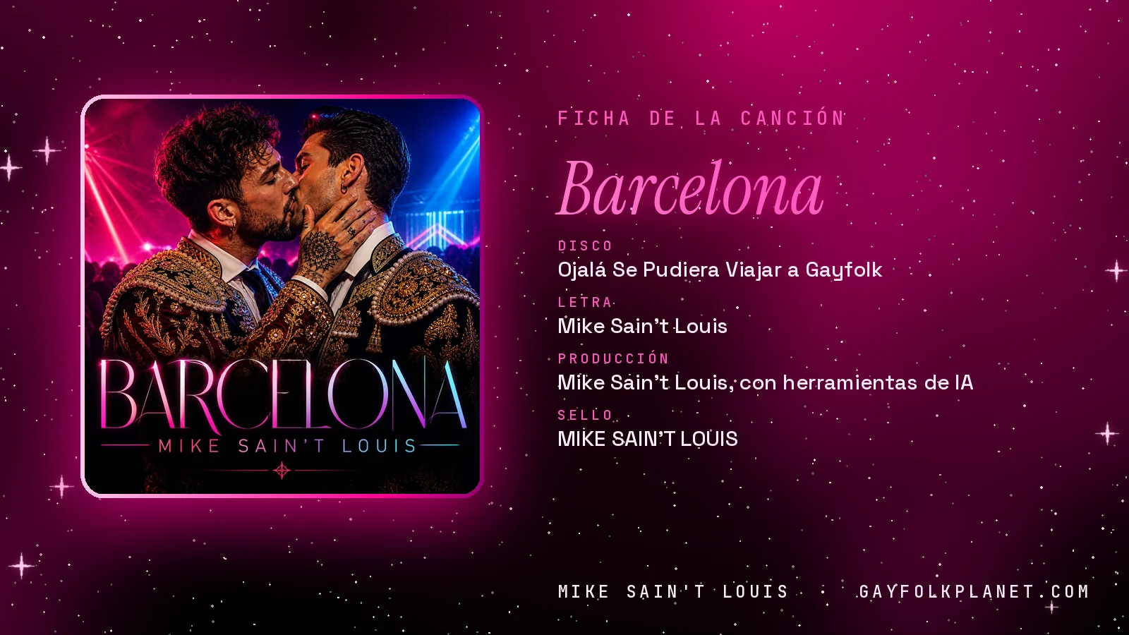 Ficha de «Barcelona» con su carátula: disco «Ojalá se pudiera viajar a Gayfolk», letra y producción de Mike Sain't Louis