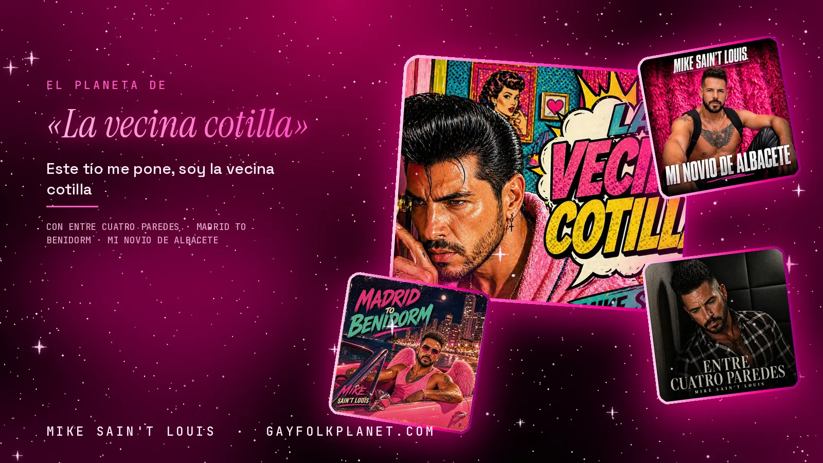 Collage con un detalle de la carátula de «La vecina cotilla» y las carátulas de «Entre cuatro paredes», «Madrid to Benidorm», «Mi Novio De Albacete»