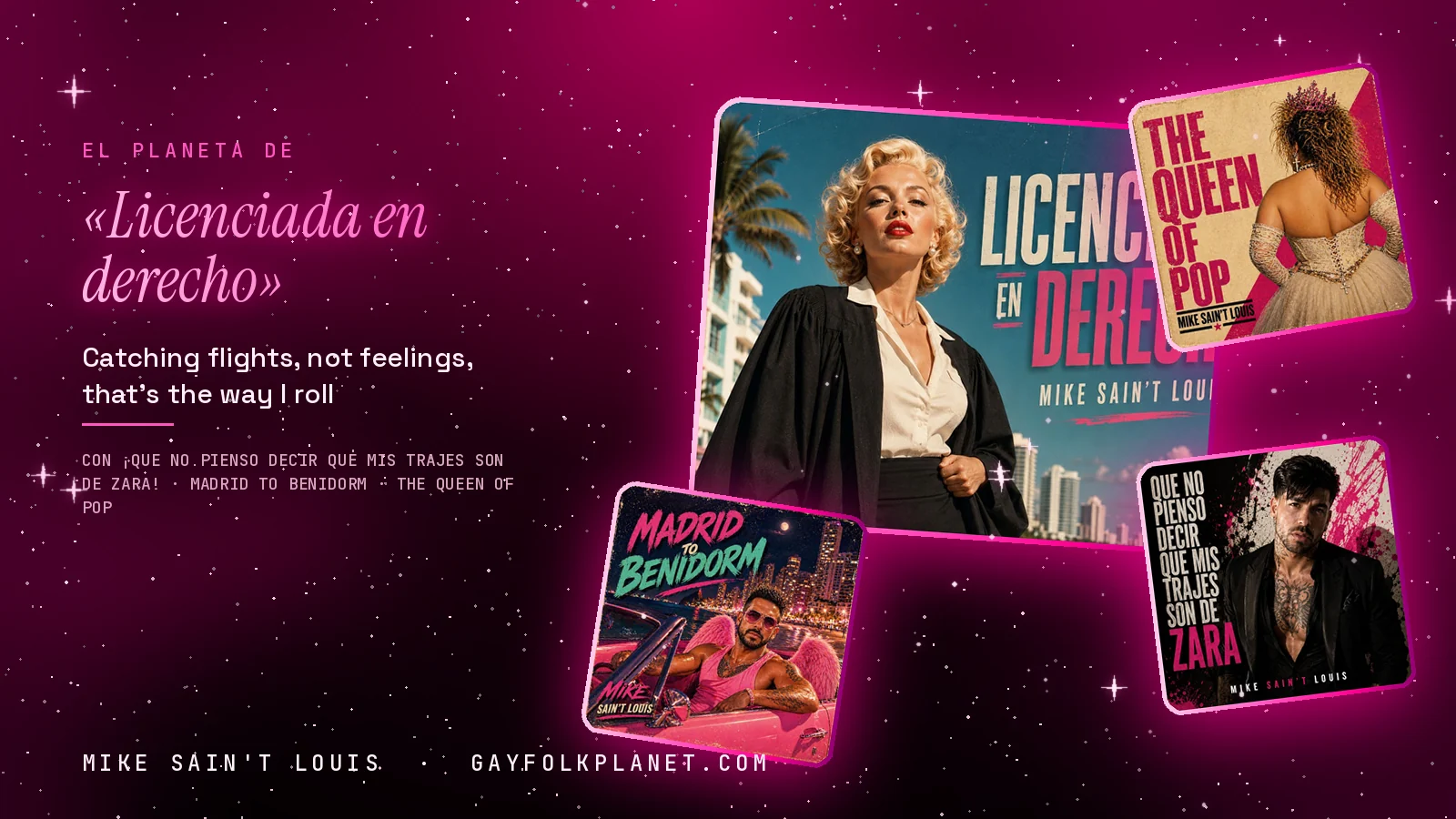 Collage con un detalle de la carátula de «Licenciada en derecho» y las carátulas de «¡Que no pienso decir que mis trajes son de Zara!», «Madrid to Benidorm», «The Queen of Pop»