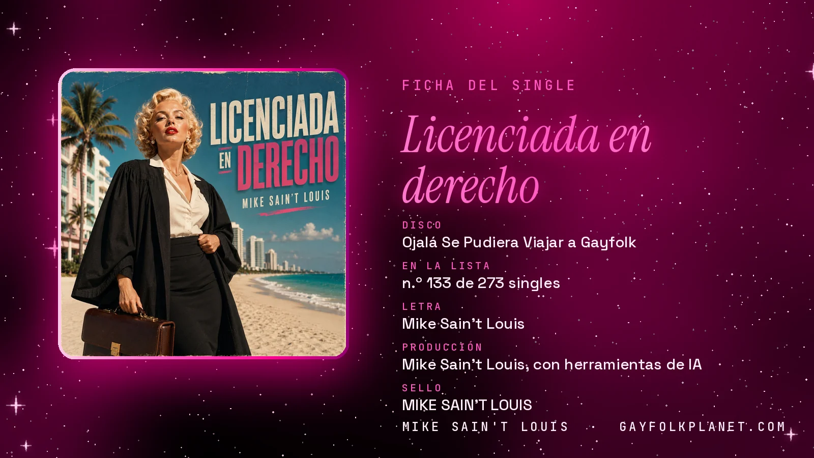 Ficha de la canción «Licenciada en derecho» con su carátula: disco «Ojalá Se Pudiera Viajar a Gayfolk», letra y producción de Mike Sain't Louis