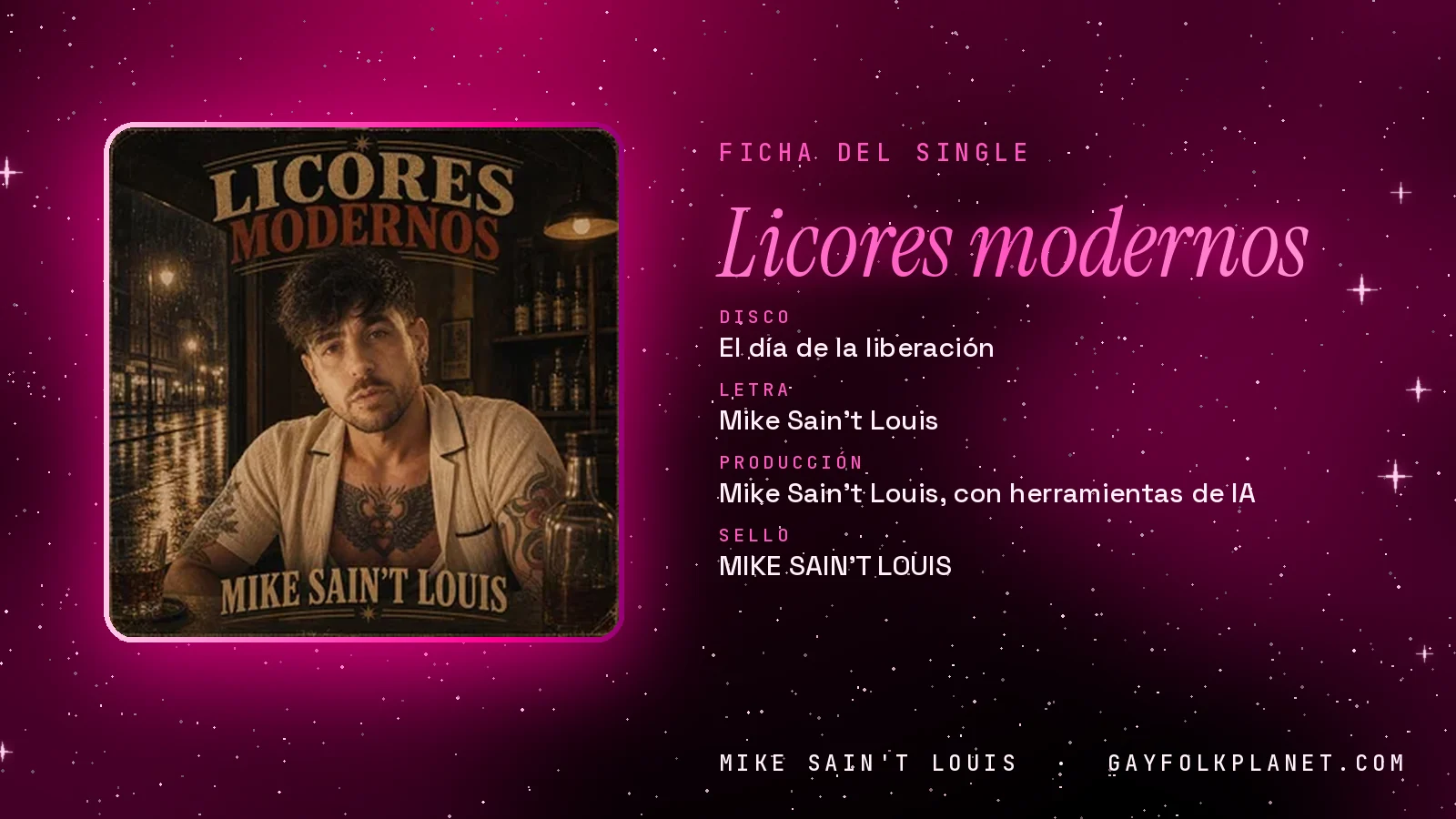 Ficha de la canción «Licores modernos» con su carátula: disco «El día de la liberación», letra y producción de Mike Sain't Louis