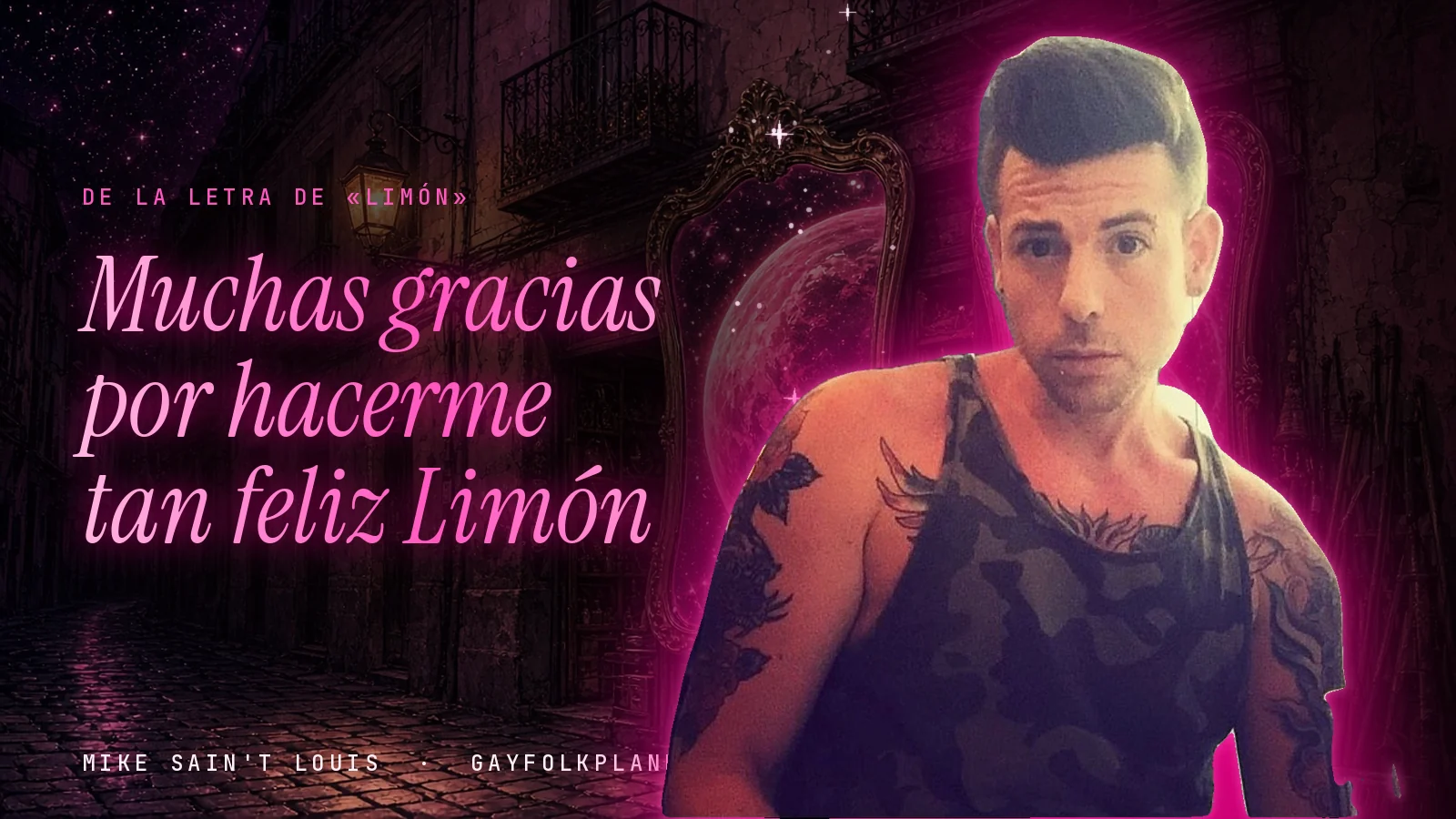 Mike Sain't Louis en un callejón nocturno con espejos de feria y un planeta magenta, con el verso «Muchas gracias por hacerme tan feliz Limón» de «Limón»