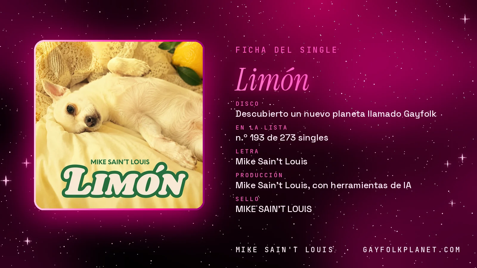 Ficha de la canción «Limón» con su carátula: disco «Descubierto un nuevo planeta llamado Gayfolk», letra y producción de Mike Sain't Louis