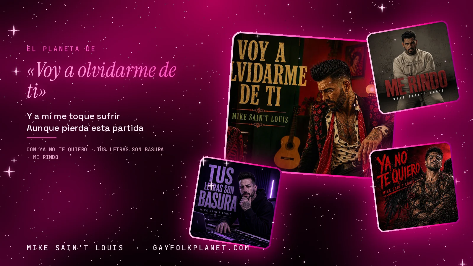 Collage con un detalle de la carátula de «Voy a olvidarme de ti» y las carátulas de «ya no te quiero», «Tus letras son basura», «Me rindo»