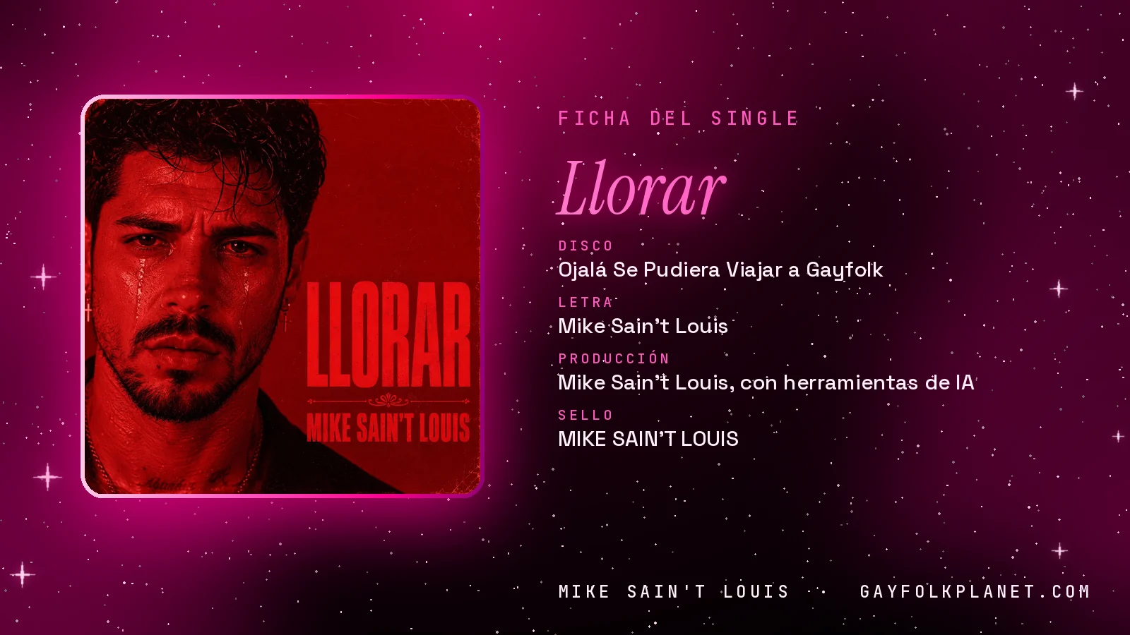Ficha de la canción «Llorar» con su carátula: disco «Ojalá Se Pudiera Viajar a Gayfolk», letra y producción de Mike Sain't Louis