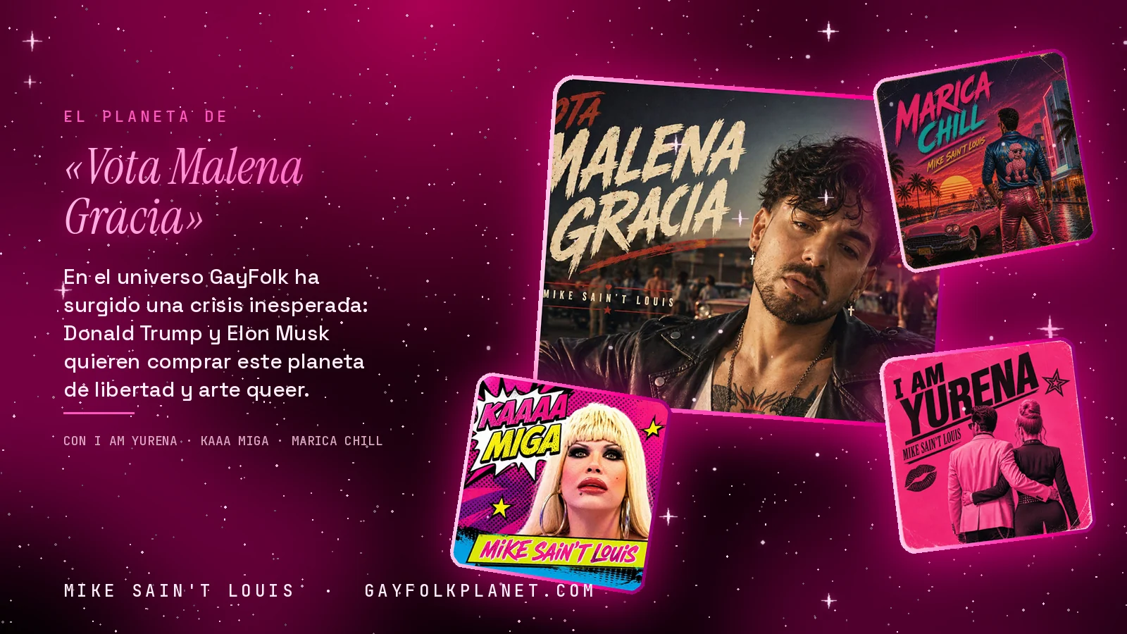 Collage con un detalle de la carátula de «Vota Malena Gracia» y las carátulas de «I Am Yurena», «Kaaa Miga», «Marica Chill»