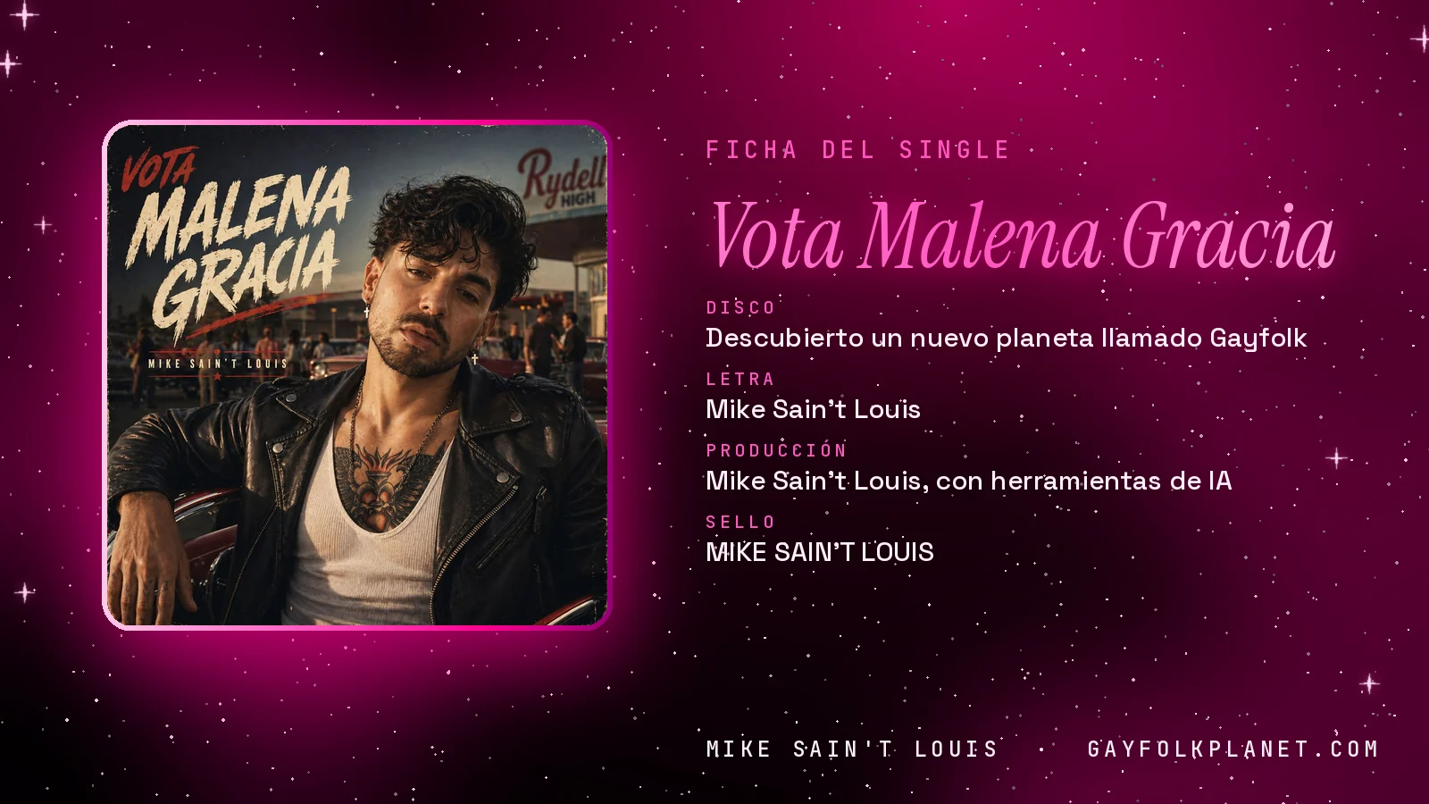 Ficha de la canción «Vota Malena Gracia» con su carátula: disco «Descubierto un nuevo planeta llamado Gayfolk», letra y producción de Mike Sain't Louis