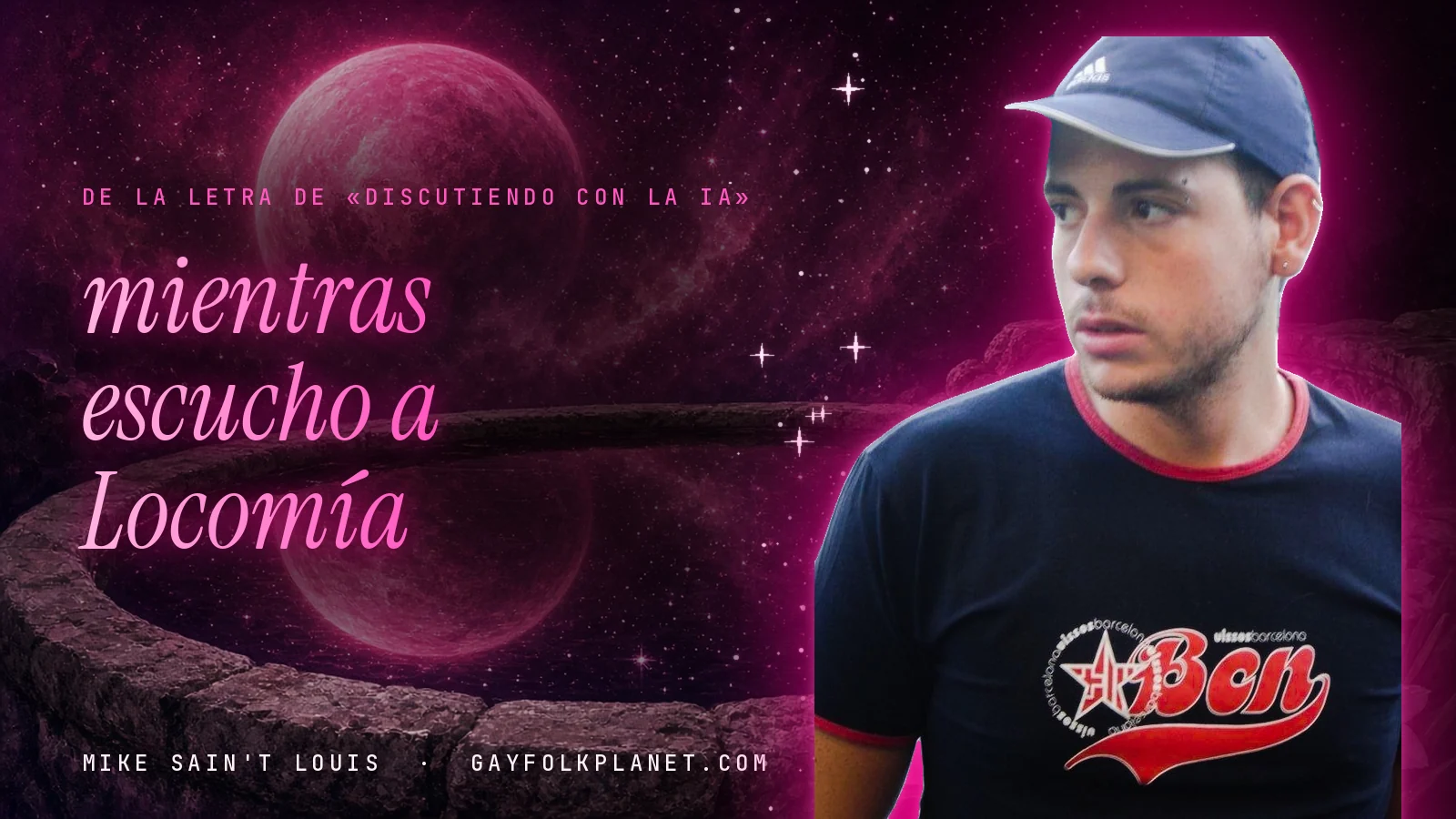 Mike Sain't Louis junto a una fuente que refleja un planeta magenta, con el verso «mientras escucho a Locomía» de «Discutiendo con la IA»