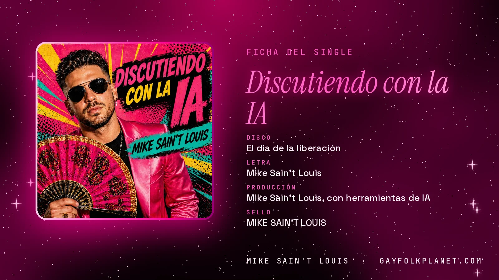 Ficha de la canción «Discutiendo con la IA» con su carátula: disco «El día de la liberación», letra y producción de Mike Sain't Louis