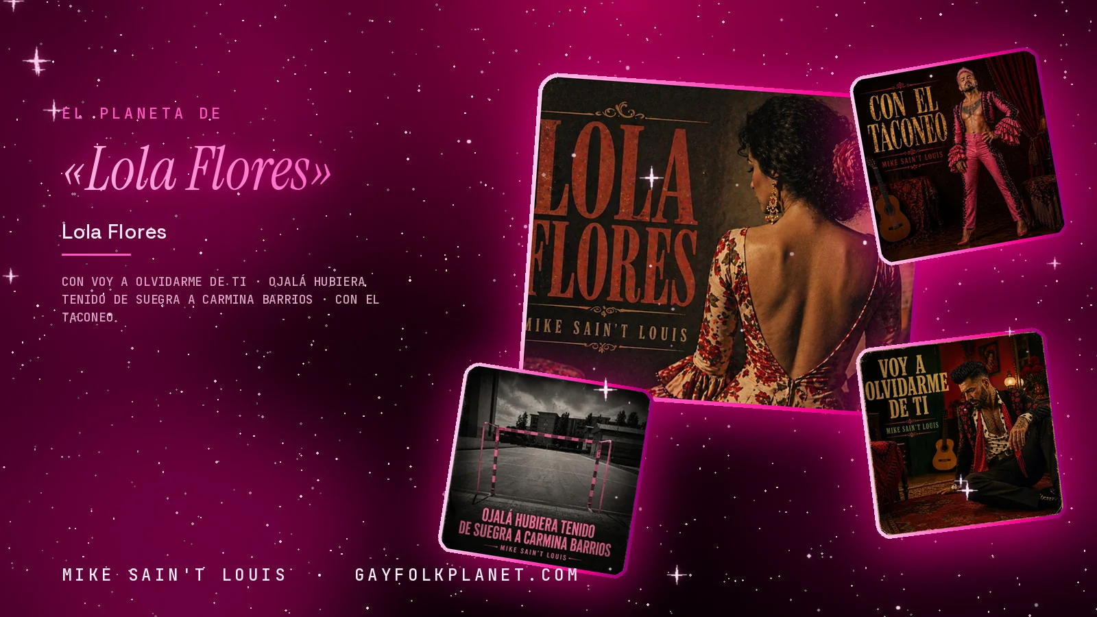 Collage con un detalle de la carátula de «Lola Flores» y las carátulas de «Voy a olvidarme de ti», «Ojalá hubiera tenido de suegra a Carmina Barrios», «Con el taconeo»