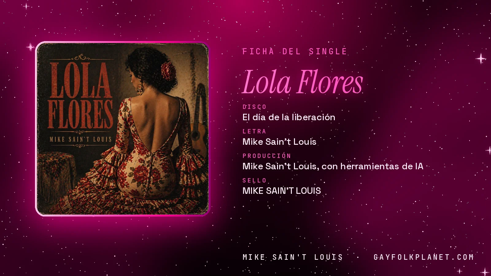 Ficha de la canción «Lola Flores» con su carátula: disco «El día de la liberación», letra y producción de Mike Sain't Louis