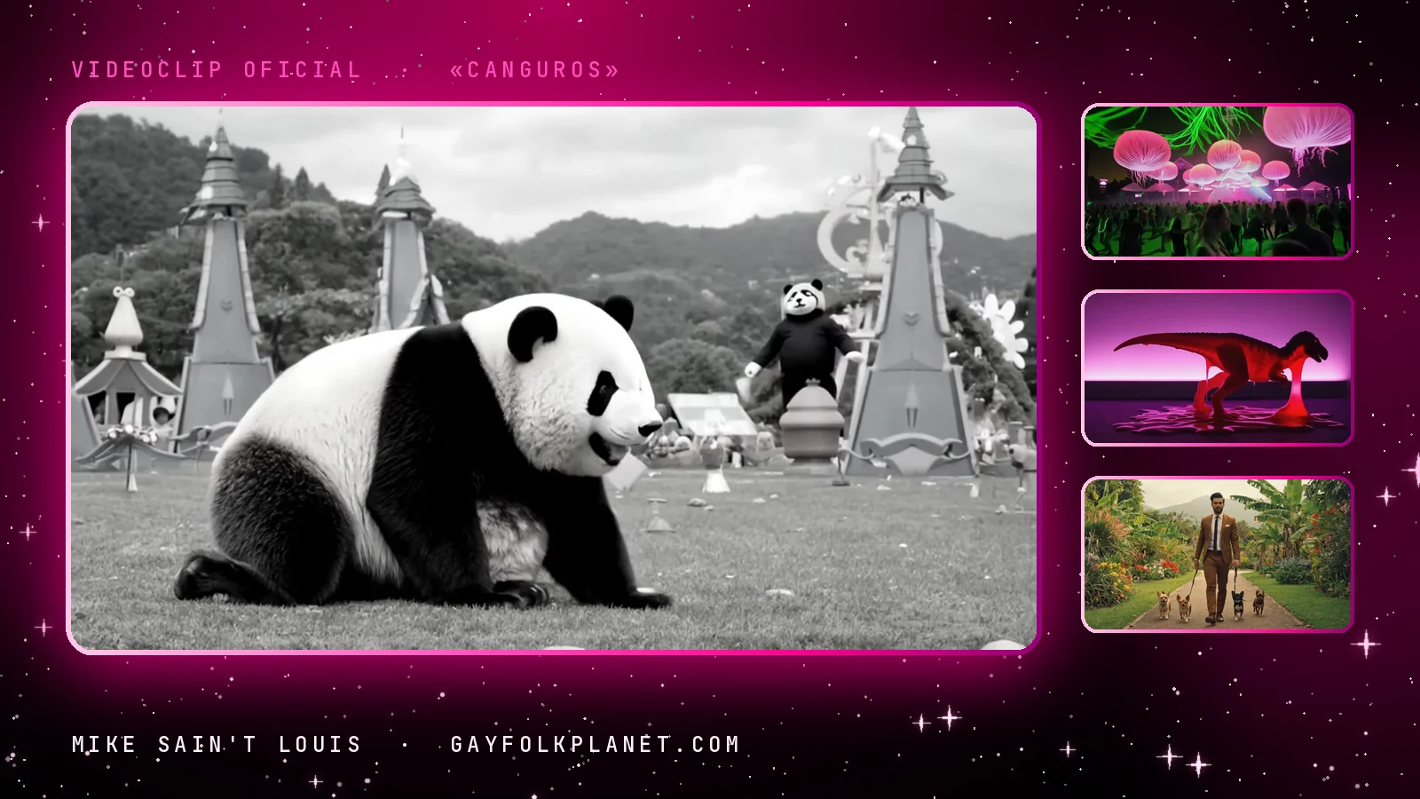 Cuatro fotogramas de animales en videoclips de Mike Sain't Louis: un panda gigante en blanco y negro sentado en el césped de una feria en «Y sigo temblando siempre», medusas rosas iluminadas sobre la multitud de un festival en «La noche no es para mí», un dinosaurio rojo que se derrite sobre agua magenta en «I Want to Be a TikTok Star» y un hombre de traje marrón que pasea cuatro chihuahuas entre plataneras en «Como a mi chihuahua»