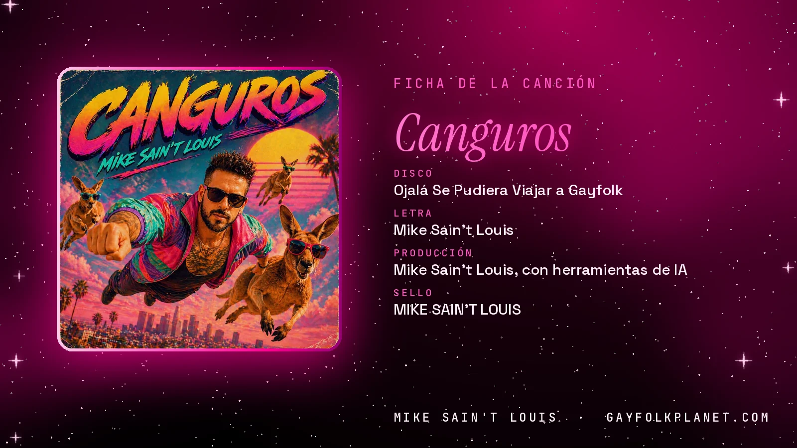 Ficha de «Canguros» con su carátula: disco «Ojalá se pudiera viajar a Gayfolk», letra y producción de Mike Sain't Louis