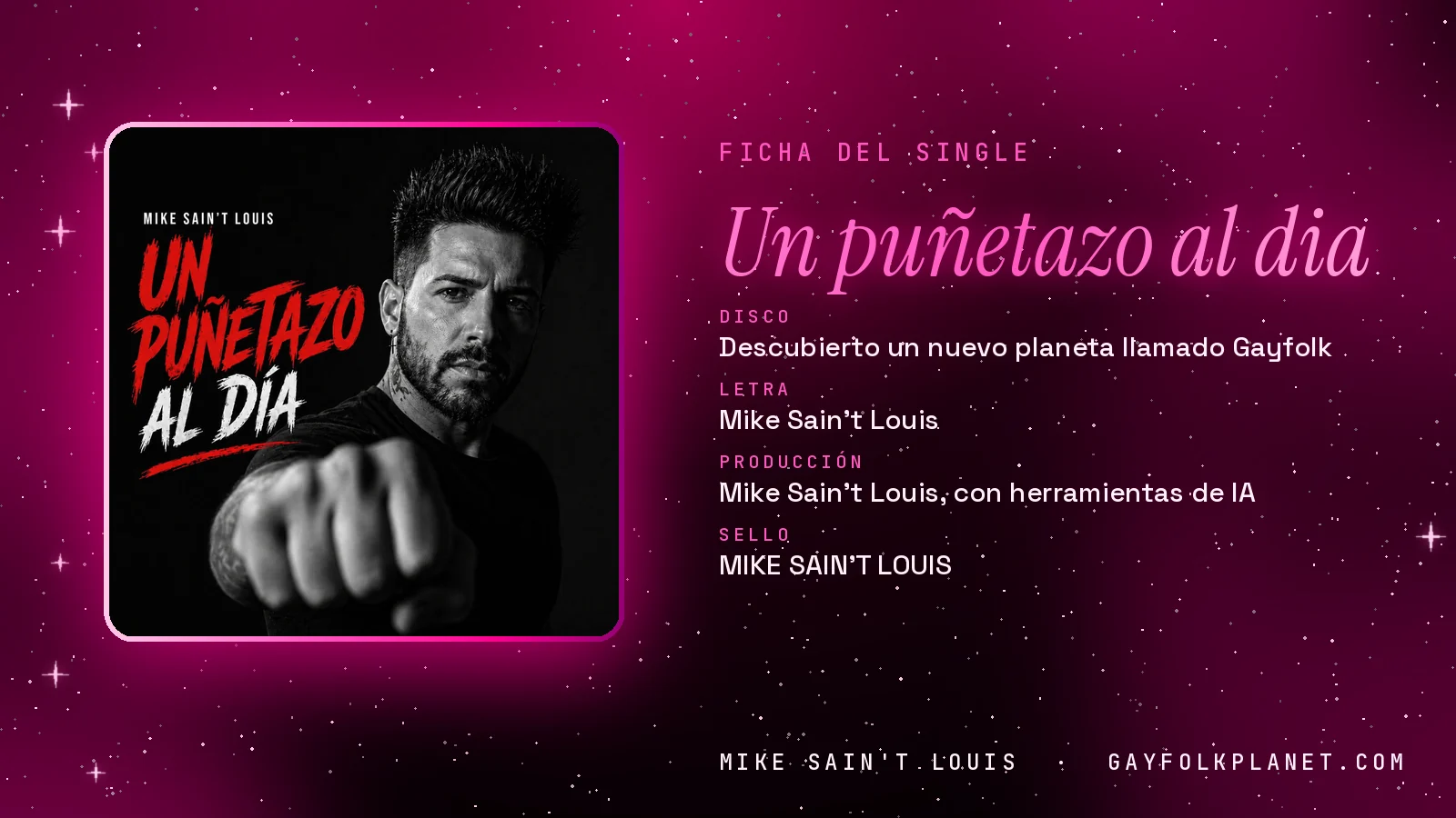 Ficha de la canción «Un puñetazo al dia» con su carátula: disco «Descubierto un nuevo planeta llamado Gayfolk», letra y producción de Mike Sain't Louis
