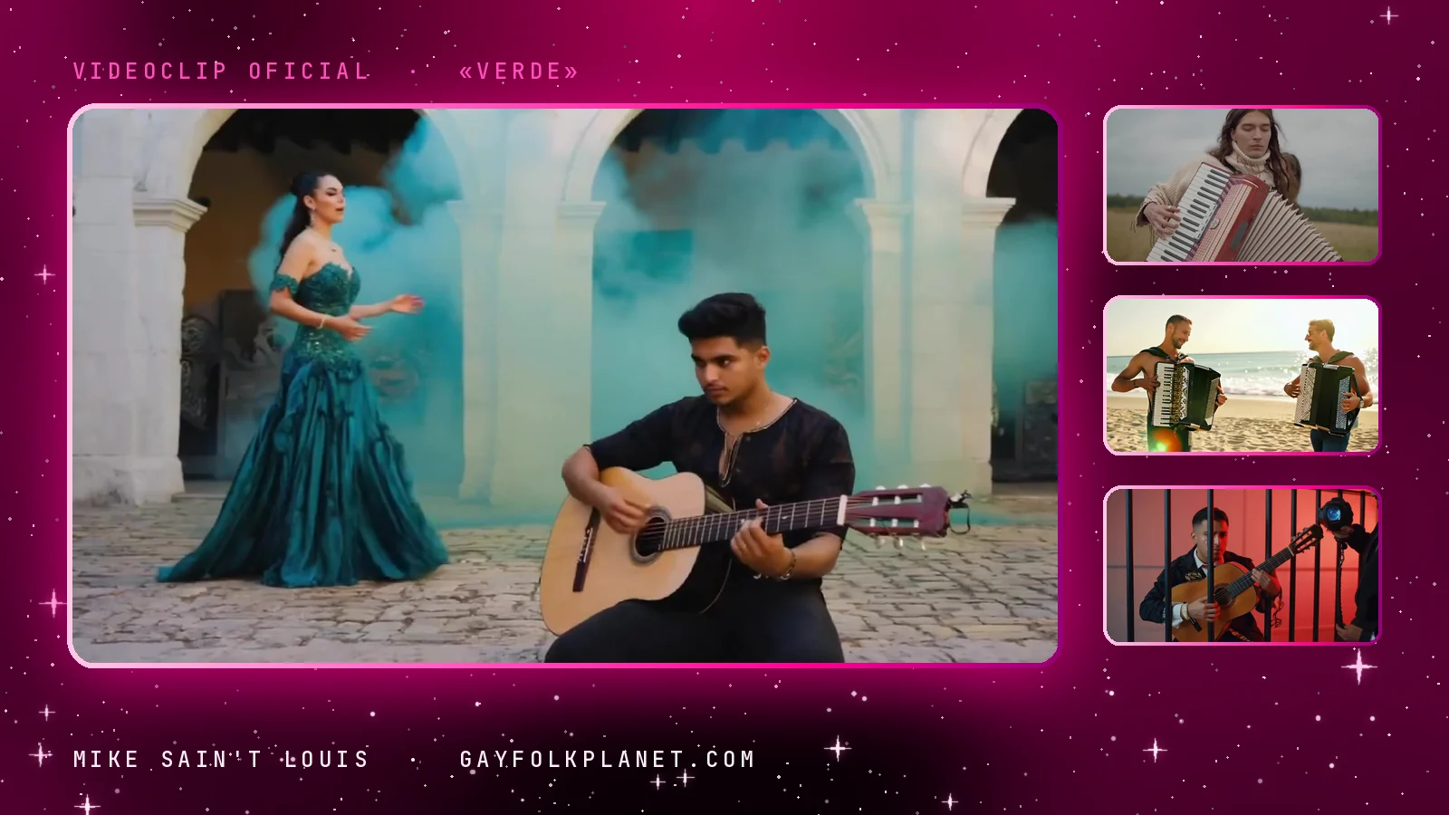 Fotogramas de los instrumentos de Planeta Gayfolk: en grande, en «Verde», un chico con camisa negra toca una guitarra española sentado bajo unos arcos blancos mientras una mujer con vestido largo verde azulado baila a su lado entre humo turquesa; al lado, una mujer de pelo largo con un acordeón rojo y blanco en un prado de «Sunset Boulevard», dos hombres con acordeones en una playa de «Que te mola el cruising» y el guitarrista de «Tu mendigo» tras unos barrotes con luz roja
