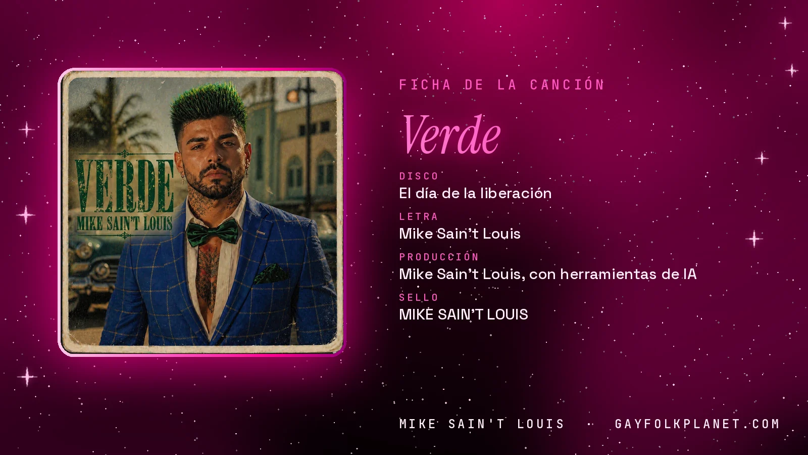 Ficha de «Verde» con su carátula: disco «El día de la liberación», letra y producción de Mike Sain't Louis