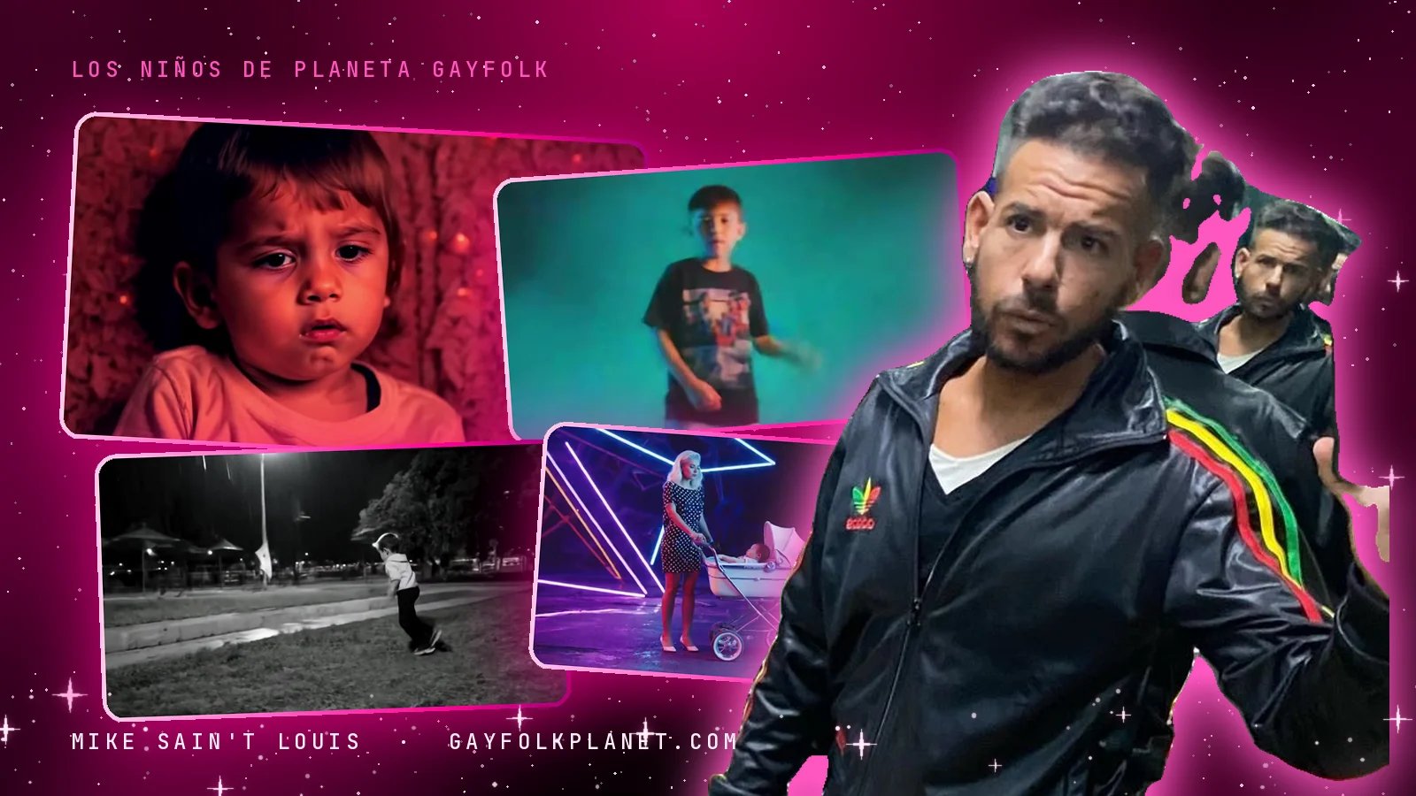 Collage con cuatro fotogramas de videoclips de Mike Sain't Louis con niños (un niño que llora ante un fondo rojo con destellos en «El castigo más duro», un niño con camiseta negra sobre fondo turquesa en «No Contact», un niño que corre de noche por un césped en «Y sigo temblando siempre» y una mujer con un carrito de bebé entre luces de neón en «No me despiertes al niño») y una foto real de Mike