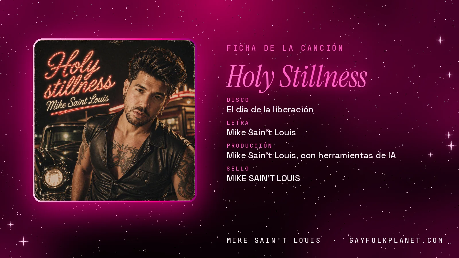 Ficha de «Holy Stillness» con su carátula: disco «El día de la liberación», letra y producción de Mike Sain't Louis