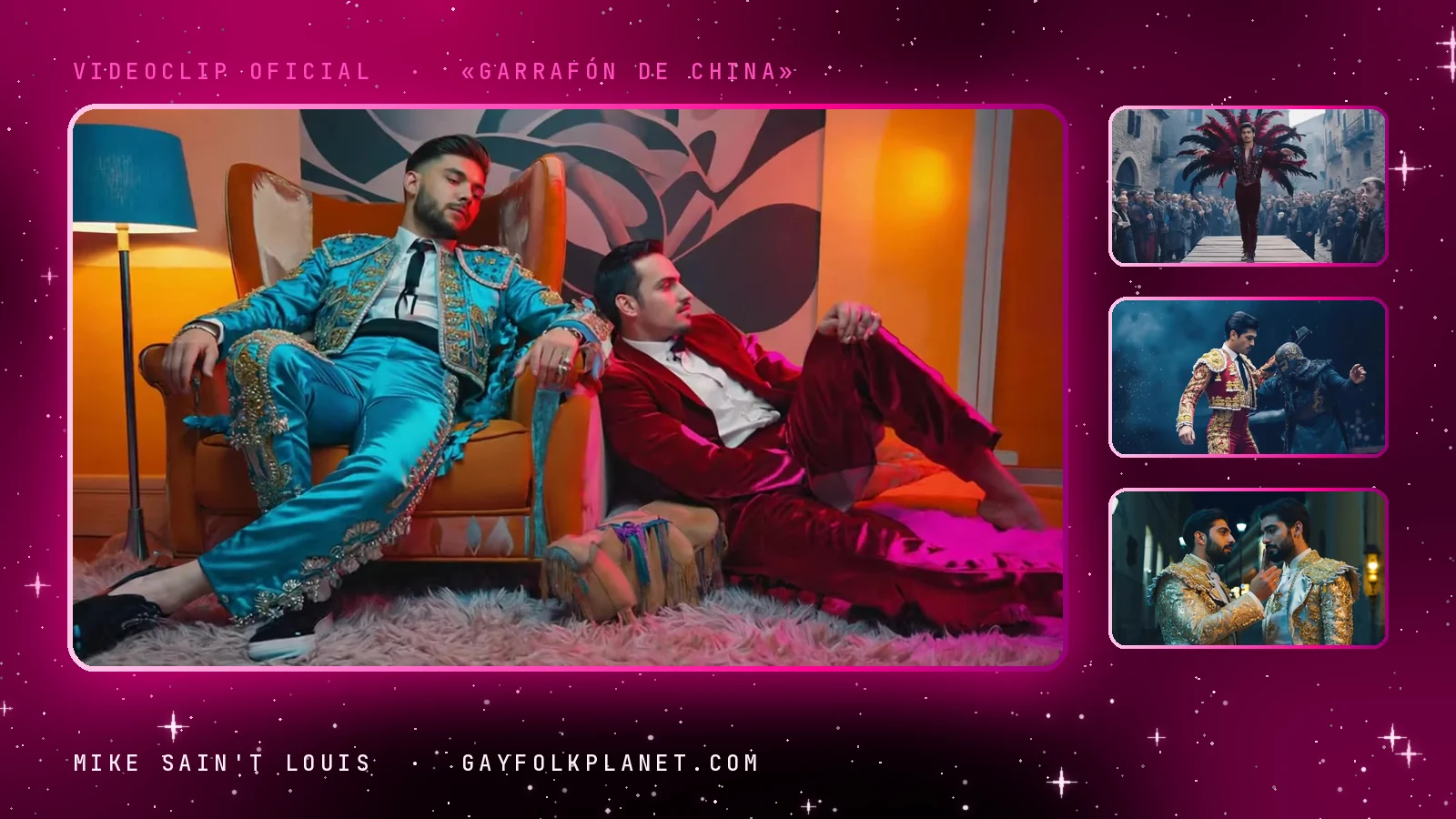 Fotogramas de toreros en videoclips de Mike Sain't Louis: en grande, un torero de turquesa y oro repantingado en un sillón naranja junto a otro de terciopelo granate en «Garrafón de China»; al lado, el torero con penacho de plumas rojas que avanza por una pasarela entre la multitud en «No te vuelvo a mirar más», un torero de rosa frente a un encapuchado en «Ni un pimiento» y dos toreros de oro y plata en una calle de noche en «Una obra de teatro»